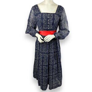 Vtg La Merite Shops Swiss Polka Dot White Navy Blue Dress Sheer Slv ILGWU Sz 11